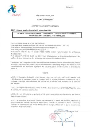 Interdiction vente et utilisation feu artifices - fête du Moulin 2026