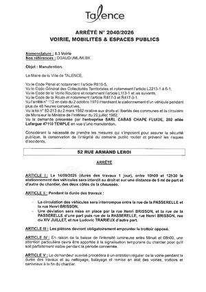 Arrete 2040-2026-Manutention 52 Rue Armand Leroi Le 14-09-2026-Publié Le 10 08 2026