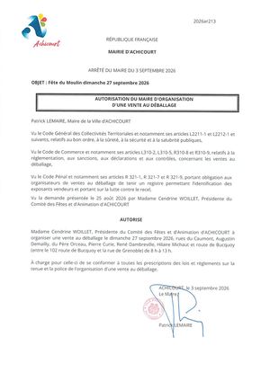 Autorisation vente Au déballage Vide Greniers 270926