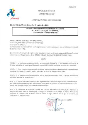 Interdiction stationnement parking EFM - 26/09/26 -fête du Moulin