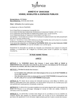 ARRETE 2045 2026 - UTILISATION CAMION GRUE 39 RUE HENRI FOSSE LE 14 09 2026 - Publié Le 10 08 2026