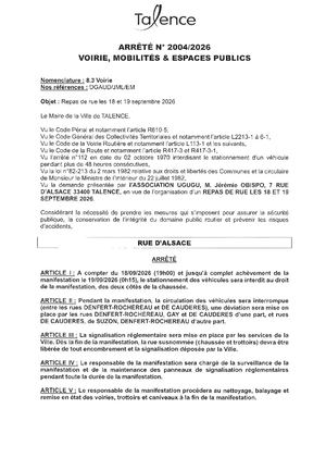 Arrete 2004-2026-Repas De Rue- Rue D'alsace Le 18-09-2026-Publié Le 10 09 2026