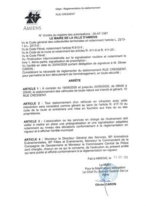 26 AT 1387 - Arrêté De Réglementation Du Stationnement, Rue Cressent à Amiens, Du 19 Au 20 09 2026, Publié Le 10 09 2026