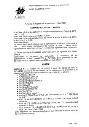 26 AT 1384 - Arrêté De Réglementation De La Circulation Et Du Stationnement, Rue Allart Et Autres à Amiens, Du  03 10 Au 04 10 2026, Publié Le 10 09 2026