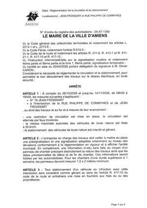 26 AT 1390 - Arrêté De Réglementation De La Circulation Et Du Stationnement, Rue Jean Froissart Et Autres à Amiens, Du  26 11 Au 14 11 2026, Publié Le 10 09 2026