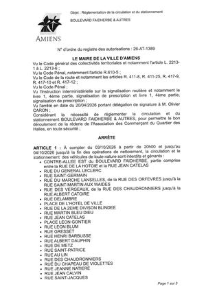 26 AT 1389 - Arrêté De Réglementation De La Circulation Et Du Stationnement, Boulevard Faidherbe Et Autres à Amiens, Du  03 10 Au 04 10 2026, Publié Le 10 09 2026