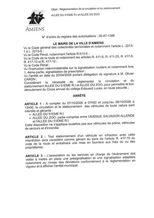 26 AT 1388 - Arrêté De Réglementation De La Circulation Et Du Stationnement, Allée Du 51eme RI Et Allée Du Zoo à Amiens, Du  07 Au 08 10 2026, Publié Le 10 09 2026