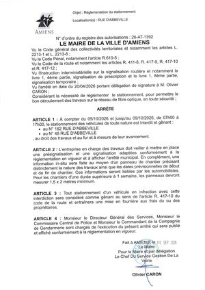 26 AT 1392 - Arrêté De Réglementation Du Stationnement, Rue D Abbeville à Amiens, Du 05 Au 09 10 2026, Publié Le 10 09 2026