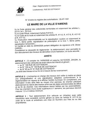 26 AT 1391 - Arrêté De Réglementation Du Stationnement, Rue De Cottenchy à Amiens, Du  14 09 Au 02 10 2026, Publié Le 10 09 2026