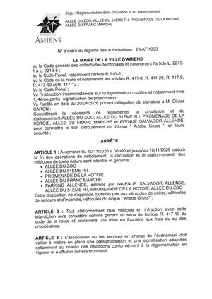 26 AT 1393 - Arrêté De Réglementation De La Circulation Et Du Stationnement, Allée Du Zoo Et Autres à Amiens, Du  10 Au 16 11 2026, Publié Le 10 09 2026