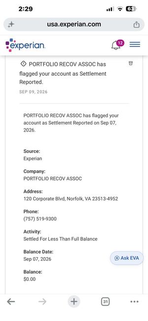 PORTFOLIO RECOVERY ASSOCIATES ACCOUNT SETTLED