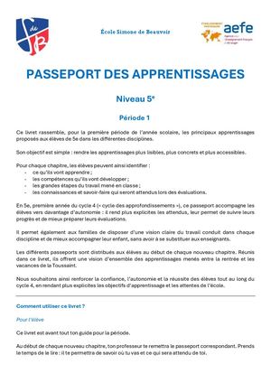 Passeport Des Apprentissages 5e Période 1