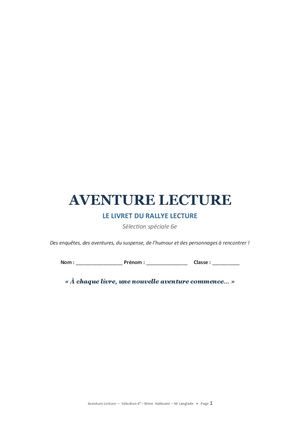 Aventure Lecture Livret 6eme