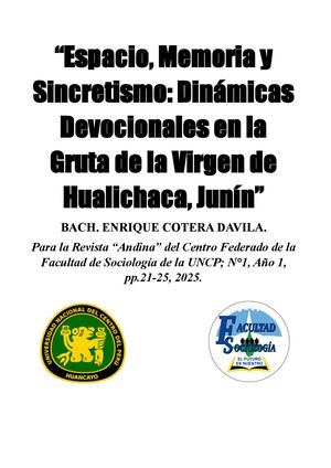 Espacio, Memoria Y Sincretismo Dinámicas Devocionales En La Gruta De La Virgen De Hualichaca, Junín