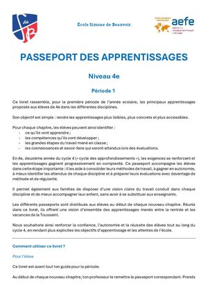 Passeport Des Apprentissage 4e Première Période