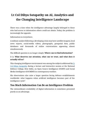 Lt Col Dibya Satapathy On Ai, Analytics And The Changing Intelligence Landscape
