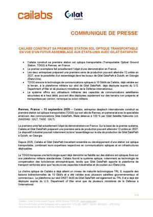 [COMMUNIQUE DE PRESSE] Cailabs Construit Sa Première Station Sol Optique Transportable En Vue D’un Futur Assemblage Aux ÉTats Unis Avec Gilat Data Path