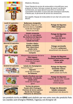 Menus 14 au 20 septembre 2026