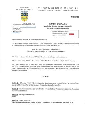 ARRETE 186 26 Permission De Voirie - Stationnement