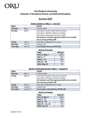 Summer 2027 Calendar & Refund Schedule