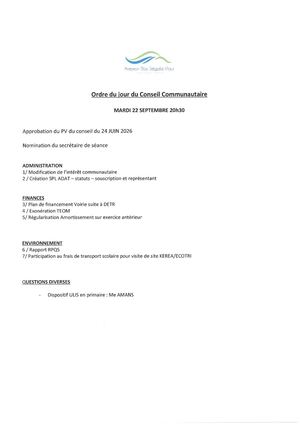 Ordre du Jour du Conseil Communautaire 22 septembre 2026