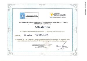 Attestation Seminaire La Main à La Pate 2014 Hamid