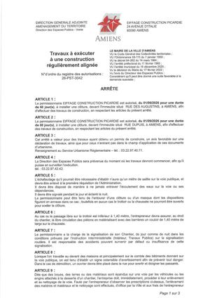 26 Pst 3042 Arrête Travaux à Exécuter à Une Construction Régulièrement Alignée Rue Des Augustins à Amiens, Du 01 09 2026, Durée De 60jrs, Publié Le 15 09 2026