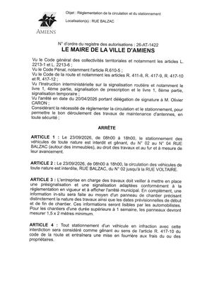 26 AT 1422 - Arrêté De Réglementation De La Circulation Et Du Stationnement, Rue Balzac à Amiens, Le 23 09 2026, Publié Le 15 09 2026