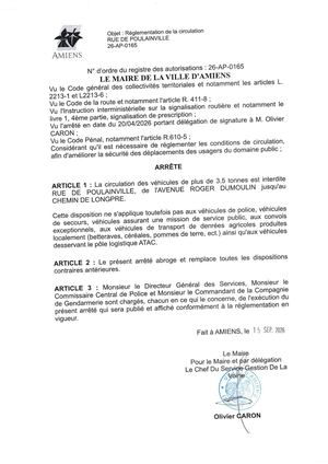 26 AP 0165 - Arrêté De Réglementation De La Circulation, Rue De Poulainville à Amiens, Publié Le 15 09 2026