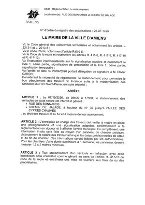 26 AT 1425 - Arrêté De Réglementation Du Stationnement, Rue Des Bonnards Et Chemin De Halage à Amiens, Le 7 10 2026, Publié Le 15 09 2026