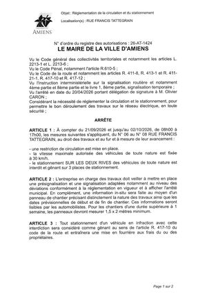 26 AT 1424 - Arrêté De Réglementation De La Circulation Et Du Stationnement, Rue Francis Tattegrain à Amiens, Du 21 09 Au 02 10 2026, Publié Le 15 09 2026
