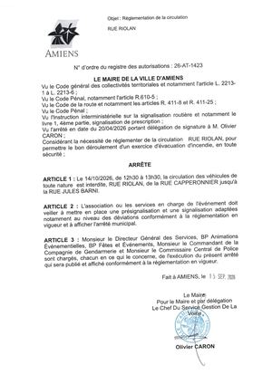 26 AT 1423 - Arrêté De Réglementation De La Circulation, Rue Riolan à Amiens, Le 14 09 2026, Publié Le 15 09 2026