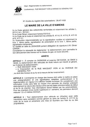 26 AT 1430 - Arrêté De Réglementation Du Stationnement, Rue Maquet Vion Et Autre à Amiens, Du 24 09 Au 08 10 2026, Publié Le 15 09 2026
