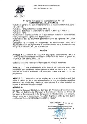 26 AT 1429 - Arrêté De Réglementation Du Stationnement, Rue Des Becqurelles à Amiens, Du 18 Au 26 09 2026, Publié Le 15 09 2026