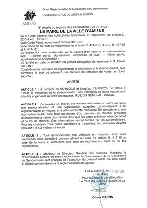 26 AT 1428 - Arrêté De Réglementation De La Circulation Et Du Stationnement, Rue Du Général Domon à Amiens, Du 05 Au 19 10 2026, Publié Le 15 09 2026