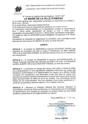 26 AT 1427 - Arrêté De Réglementation De La Circulation Et Du Stationnement, Rue Des Otages Et Autres à Amiens, Du 28 09 Au 02 10 2026, Publié Le 15 09 2026