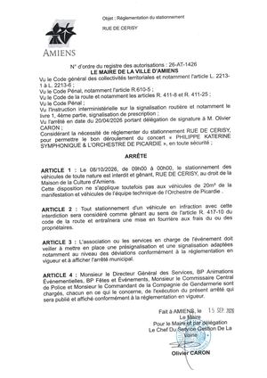 26 At 1426 Arrêté De Réglementation Du Stationnement, Rue De Cerisy à Amiens, Le 8 10 2026, Publié Le 15 09 2026