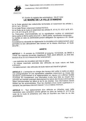 26 AT 1432 - Arrêté De Réglementation De La Circulation Et Du Stationnement, Rue Jack Braun à Amiens, Du 21 09 Au 10 10 2026, Publié Le 15 09 2026