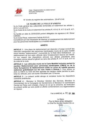 26 AP 0148 - Arrêté De Réglementation Du Stationnement, Rue Des Vergeaux à Amiens, Publié Le 15 09 2026