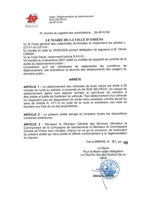 26 AP 0149 - Arrêté De Réglementation Du Stationnement, Rue Delpech à Amiens, Publié Le 15 09 2026