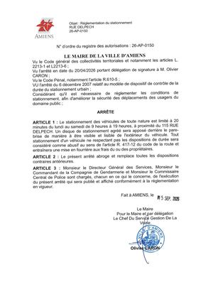 26 AP 0150 - Arrêté De Réglementation Du Stationnement, Rue Delpech à Amiens, Publié Le 15 09 2026