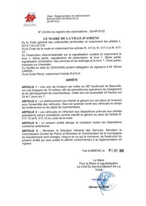 26 AP 0152 - Arrêté De Réglementation Du Stationnement, Boulevard De Beauville à Amiens, Publié Le 15 09 2026