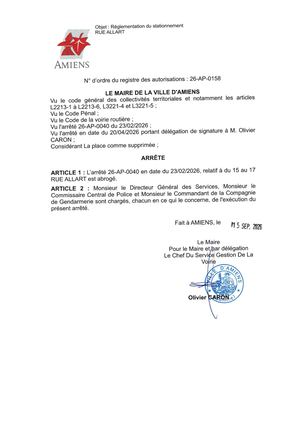 26 AP 0158 - Arrêté D'abrogation De Réglementation Du Stationnement, Rue Allart à Amiens, Publié Le 15 09 2026