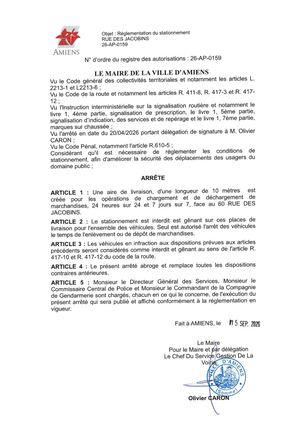 26 AP 0159 - Arrêté De Réglementation Du Stationnement, Rue Des Jacobins à Amiens, Publié Le 15 09 2026