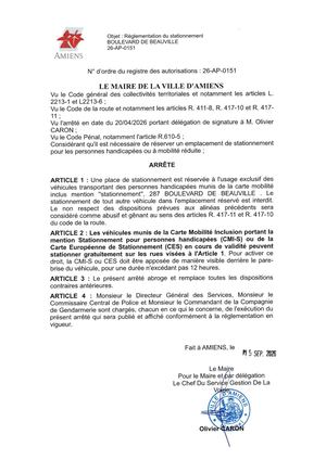 26 AP 0151 - Arrêté De Réglementation Du Stationnement, Boulevard De Beauville à Amiens, Publié Le 15 09 2026