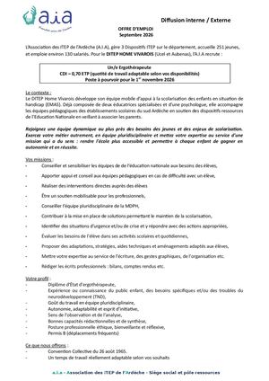 Un/e Ergothérapeute  CDI – 0,70 ETP (quotité de travail adaptable selon vos disponibilités) Poste à pourvoir pour le 1er novembre 2026