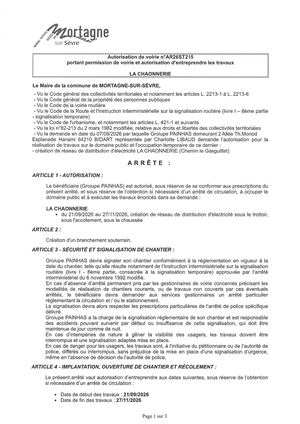 Ar26st215 Av Portant Permission De Voirie Et Autorisation D'entreprendre Les Travaux La Chaonnerie Du21 09 Au 27 11 2026