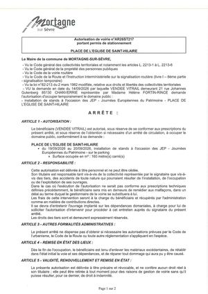 Ar26st217 Av Portant Permis De Stationnement Place De L'église De Saint Hilaire Du 19 09 Au 20 09 2026
