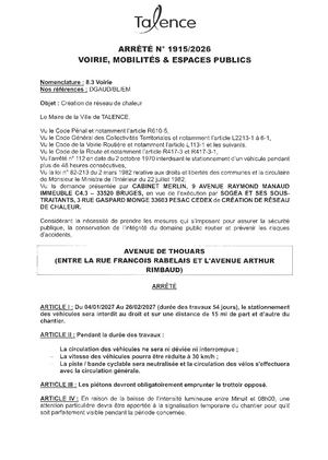 ARRETE 1915 2026 - CREATION RESEAU DE CHALEUR AVENUE DE THOUARS DU 4 01 2027 AU 26 02 2027 - Publié Le 15 09 2026
