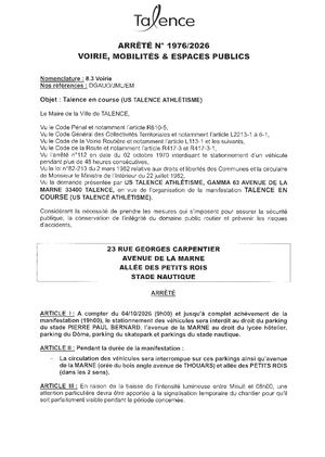 ARRETE 1976 2026 - TALENCE EN COURSE 23 RUE GEORGES CARPENTIER ET AUTERS RUE LE 04 10 2026 - Publié Le 15 09 2026